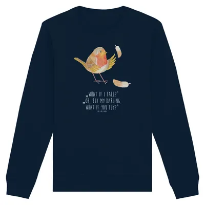 Produktbild von Mr. & Mrs. Panda Baumwoll Pullover Rotkehlchen Federn Größe L - French Navy - Geschenk, Spruch Mut, Sweater, Lustige Sprüche, Motivation, Pulli, Bio, Vogel, fliegen