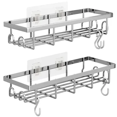 Image de Étagère de douche sans perçage, lot de 2, organisateur de salle de bain, en acier inoxydable, avec 4 crochets, couleur noire, métal