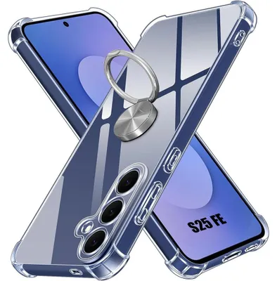 Image de Coque pour Samsung Galaxy S25 FE, Silicone Antichoc Anti-Rayures avec Anneau Rotatif Argenté