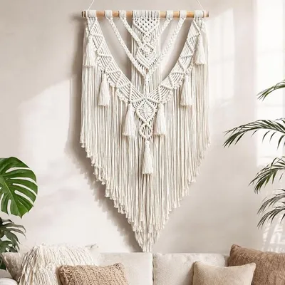 Productafbeelding van PromoHome® Macramé Boho Wanddecoratie, 70 x 40 cm – Handgemaakte wandversiering van 100% katoen met franjes, retro-stijl wanddecoratie