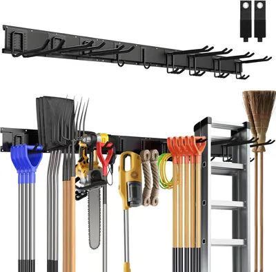 Image de Support mural de 120 cm, avec 9 crochets, en acier au carbone, capacité de 250 kg, de couleur noire, pour garage
