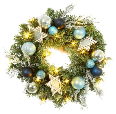 Weihnachtskranz 45 cm blau mit 15 LED-Lichtern und Stern