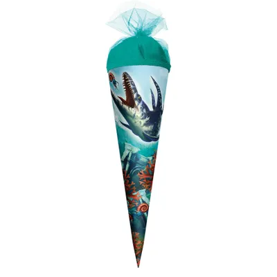 Produktbild von ROTH Geschenk-Schultüte klein Dino Mosasaurus 35 cm rund Tüllverschluss Zuckertüte Schulanfang