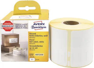 Produktbild von Avery Zweckform AS0722430, Rollen-Etiketten, 54 x 101  mm, 220 Etiketten / 1 Rolle, weiß