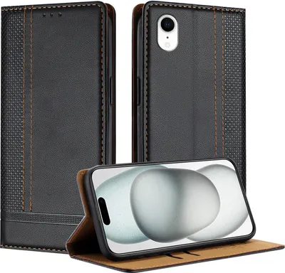 Image de Etui pour iPhone XR en cuir avec fonction stand noir