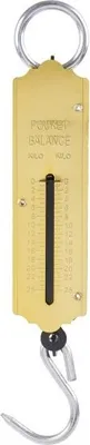 A portable spring scale hanging against a white background.