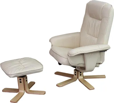 Image de Fauteuil relax M56, Fauteuil TV avec pouf Ottomane, Similicuir bois d'eucalyptus FSC®- ~ crème