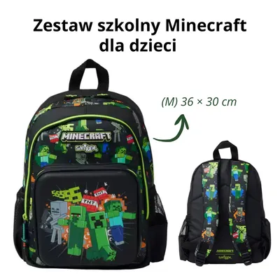 Zdjęcie produktu dla Zestaw szkolny Minecraft dla dzieci – Ergonomiczny plecak (M) – Wysoka jakość i trwałość – Idealny do szkoły i na co dzień