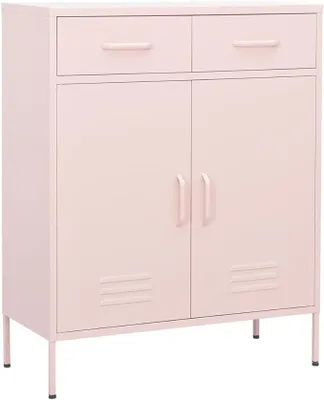 Produktbild von Lagerschrank Rosa aus Stahl, 80x35x101,5 cm Aktenschrank mit 2 Türen und 2 Schubladen, Metallschrank abschließbar für Büro, Wohnzimmer und Flur, Sideboard mit verstellbarem Einlegeboden