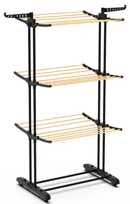 Produktbild von VOUNOT® Mobiler Turmwäscheständer für Innen, Wäscheturm Klappbar Wäscheständer Turm aus Metall, mit 4 Rollen & 6 Flügel, 3 Ebenen, Holzoptik
