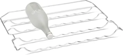 A silver wire bottle rack with one bottle on it.