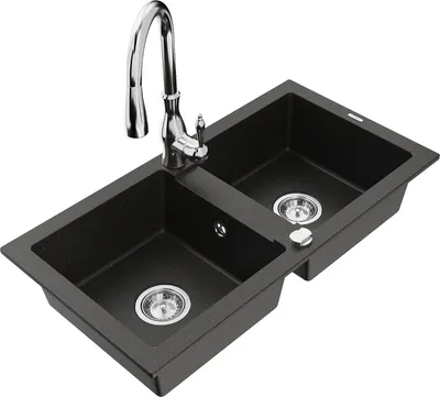 Produktbild von Mexen Mario 2-Becken-Granitspüle mit Mischbatterie Savita, Schwarz/Gold metallisch - 6504-75-672601-00