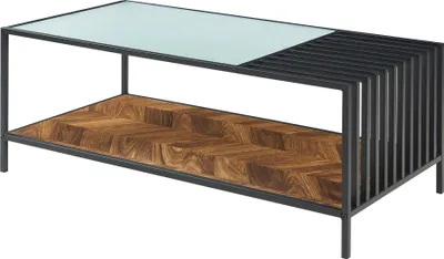 A modern coffee table with a glass top and a wooden shelf.