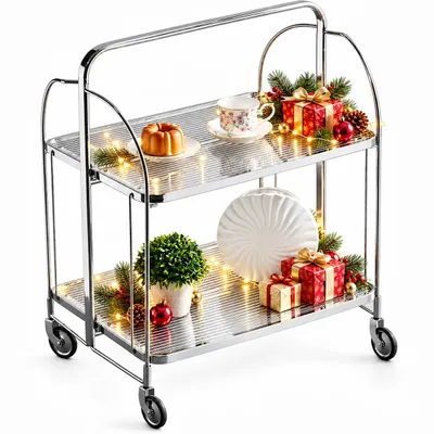 Produktbild von Servierwagen aus Edelstahl mit 2 Glasablagen, 68 × 40 × 80 cm, klappbarer Küchenwagen mit Rollen für Gastronomie, Restaurant und Hotel