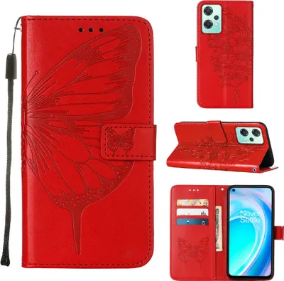 Produktbild von OnePlus Nord CE 2 Lite 5G Hülle, Schmetterling Prägung Flip Leder Kartenfächer Schutzhülle Ledertasche mit Ständer für OnePlus Nord CE 2 Lite 5G Rot