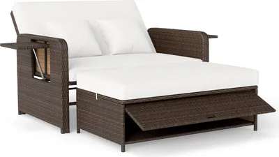 Produktbild von COSTWAY 3 in 1 Polyrattan Gartenliege, Sonnenliege mit verstellbarer Rückenlehne, Seitenablagen, Kissen & Hocker, Loungebett Doppelliege Gartensofa