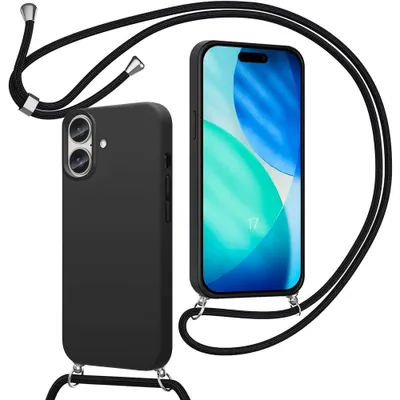Image de Coque pour iPhone 17, Protection Silicone Souple Anti-Rayure Antichoc avec Bandoulière Noire