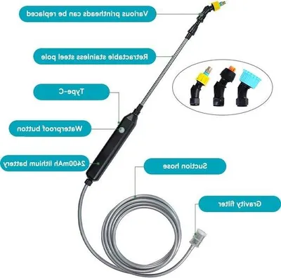 Immagine prodotto di Irrigatore da giardino elettrico con asta telescopica, 3 ugelli e tubo da 5 m per un'irrigazione ottimale