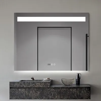 Image de FENOMÉ Carla Miroir de salle de bain - 80 × 60 cm, horloge digitale & indicateur de température, éclairage LED & miroir de maquillage