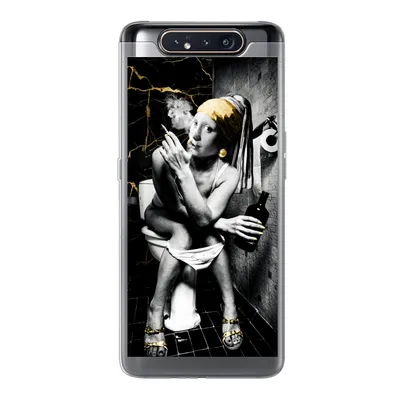 Produktbild von MuchoWow® Handyhülle Schutzhülle Hülle für Samsung Galaxy A80 Marmoroptik - Mädchen mit Perlenohrring - Zigaretten - Toilette - Gold - Kunst - Alte Meister Silikon Softcase Handy Hülle - Schutzdeckel