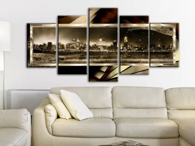 Produktbild von Akustikbild New York 200x100 cm Bilder Akustikschaum Hochleistungsschallabsorber Schallschutz Leinwand 5 tlg Wandbild Raumakustik Schalldämmung City Stadt Abstrakt gold braun 020111-27