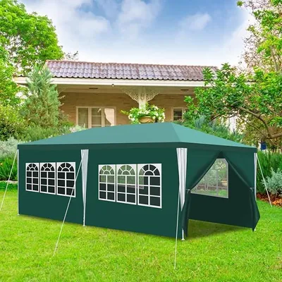 Obrázek produktu pro Pavilon 3x6 metrů, vodotěsný, zelený, zahradní, vhodný jako stan, párty stan, s UV ochranou, se bočními stěnami a velkými okny. Stabilní, odolný i v zimě, ideální pro svatby, venkovní oslavy a party