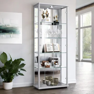 Obrázek produktu pro K-Möbel prosklená skříňka na stojato v hliníkovém / stříbrném provedení (176x67x33 cm) se 4 výškově nastavitelnými skleněnými policemi, zrcadlem, zámkem a LED diodami - Podlahová skříňka - Vitrína