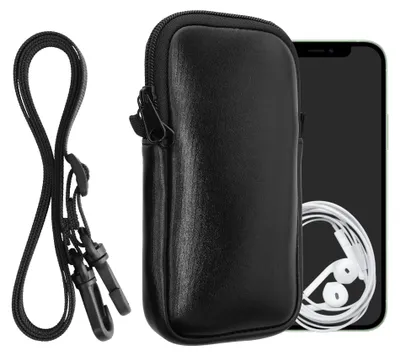 Produktbild von kwmobile Handytasche für Smartphones L - 6,5" - Neopren Handy Hülle Metallic Schwarz mit Kordel - Handy Tasche mit Handykette 16,5 x 8,9 cm Innenmaße