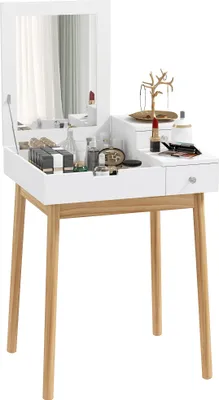 Image de HOMCOM Coiffeuse avec miroir table de maquillage style moderne - 2 tiroirs, miroir rabattable pour chambre à coucher, salon, 60 x 50 x 85,5 cm blanc