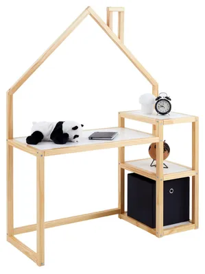 Produktbild von Kinderschreibtisch NIVIA Hausform natur/weiß mit Regal Stauraum gefertigt aus Kiefer Massiv. Stabil langlebig perfekt für Kinderzimmer. Montessori-Möbel ideal für Hausaufgaben oder Bastelarbeiten.