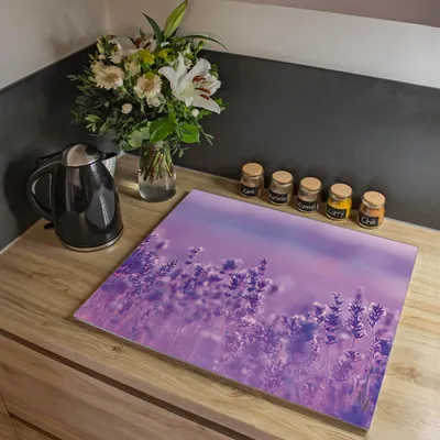 Produktbild von banjado Herdabdeckplatte einteilig 60,x52cm groß mit Gummi Abstandshalter, ESG Sicherheitsglas mit Motiv Lavendelmeer [HAP1 11483]
