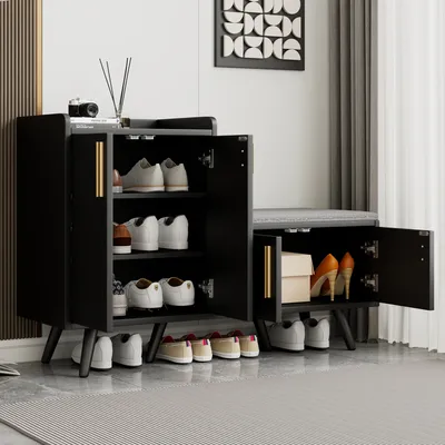 Image de Bancs à chaussures modernes en bois de noyer noir, , armoire à chaussures équipée de quatre portes de rangement, poignées métalliques asymétriques, B120/D34/H82
