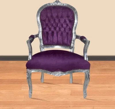 Produktbild von Barockstuhl Barock Stuhl Salon Salonstuhl Armlehne Lila Silber Stoff Esszimmer Wohnzimmer Büro Flur Schminkstuhl Klassisch Premium Luxus Modern Retro