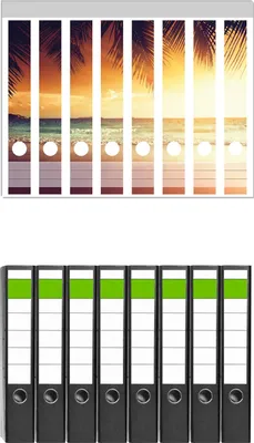 Produktbild von Wallario 8 Stück schmale Ordner inkl. Klebeetiketten mit Motive Sonnenuntergang am Strand in der Karibik -  Set mit Rückenschildern / Ordnerrücken Stickern