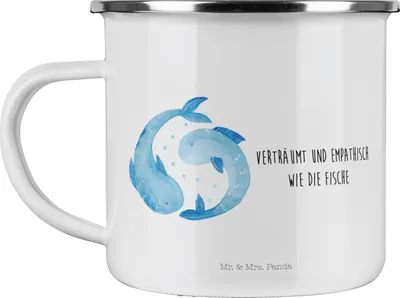 Produktbild von Mr. & Mrs. Panda Haferl Sternzeichen Fische - Weiß - Geschenk, Pott, Geburtstag Februar, Sternbild, Teebecher, becher emaille, Fisch, März, Reisebecher, Teetasse