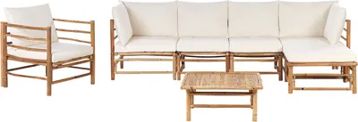 Produktbild von BELIANI Lounge Set 4-Teilig Hellbraun u. Cremeweiß Bambusholz 4-Sitzer Sofa mit Sessel Ottomane Couchtisch 13 Kissen Garten Terrasse Outdoor Möbel