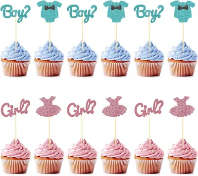 Image de Décorations pour cupcakes, pour garçons ou pour filles - Lot de 12 - Décorations pour gâteaux pour fêtes de naissance - Anniversaires de bébé - Effet pailleté