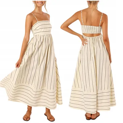 Produktbild von Maxikleid Damen - Sommerkleid Gestreift - Strandkleid - Rückenfrei - Creme - S/M