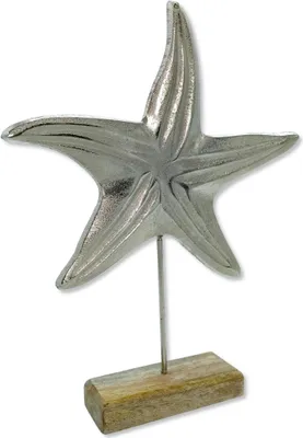 Produktbild von Metall Skulptur mit Holz-Fuß silber-braun Seestern 25 x 33cm Dekofigur Tisch-Deko Maritim Mediterran Meeresdeko