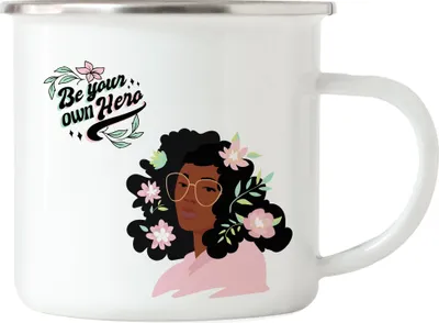 Produktbild von Emaille Tasse Be Your Own Hero Spruch Motiv Geschenk für Superheldinnen Frauenpower Frauentag Feminismus
