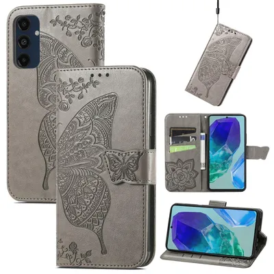 Produktbild von FürSamsung Galaxy A16 Kunstleder Wallet Handy Tasche Schmetterling Design Hülle Etuis Grau