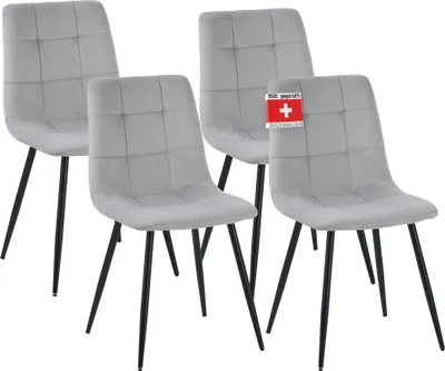 Four gray dining chairs with black legs are arranged in a group.