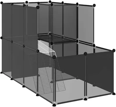 Obrázok produktu pre Klietka pre malé zvieratá, čierna, 142x74x93 cm - Modulárna voliéra, výbeh pre šteňatá, vyrobená z PP plastu a ocele - Veľká klietka pre hlodavce s poschodiami, vhodná pre morčatá, králiky a šteňatá