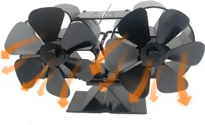 A black, dual-bladed fan designed to be placed on a wood-burning stove.
