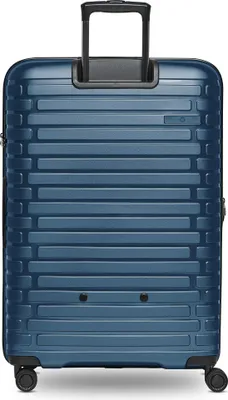 A full shot of the back of a navy blue suitcase.