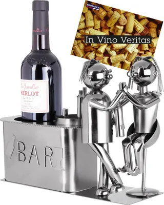 Immagine prodotto di BRUBAKER Portabottiglie da vino Amanti al bar Oggetto decorativo in metallo Regalo di coppia Portabottiglie con biglietto d'auguri