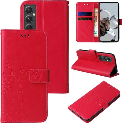 A collage of images showing a red flip phone case with floral and butterfly embossing, displaying different angles and configurations.
