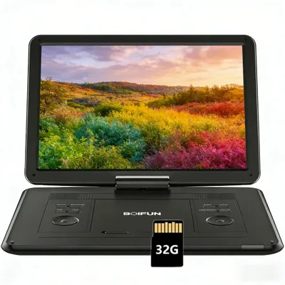 Image de Lecteur DVD portable BOIFUN 17,5 pouces avec écran HD pivotant de 15,6 pouces, autonomie de 6 heures, deux haut-parleurs stéréo, connexion TF/USB, TV/projecteur et 32 Go