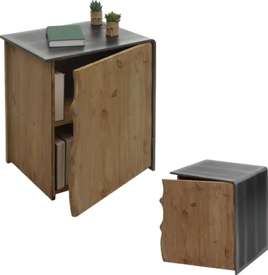 Immagine prodotto di Tavolino HWC-L76, comodino a cassettiera, legno massiccio industriale MVG 60x50x40cm, naturale con aspetto metallico