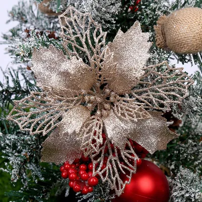 Immagine prodotto di 12 pezzi decorazione albero di Natale glitter, decorazione albero di Natale in plastica, decorazione floreale natalizia, ornamento albero di Natale, 9cm, champagne, plastica